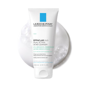La Roche-Posay bottle front view showing pump and label, clear acne cleansing benefit
