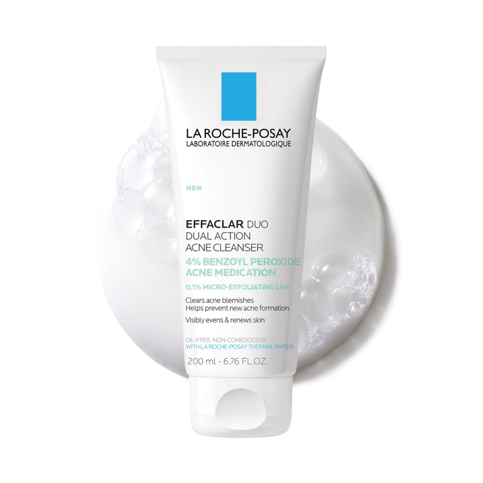 La Roche-Posay bottle front view showing pump and label, clear acne cleansing benefit