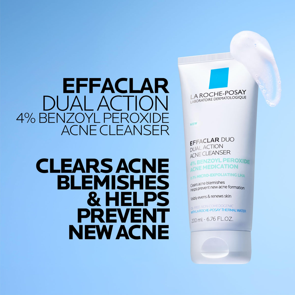 La Roche-Posay ingredient label showing benzoyl peroxide and LHA, transparent formulation benefit