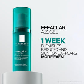 La Roche-Posay Effaclar A.Z. Gel held in hand to demonstrate 1.35 oz scale and portable skincare benefit