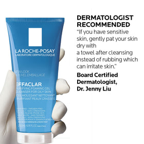 La Roche-Posay cleanser being used in shower demonstrating gentle rinse