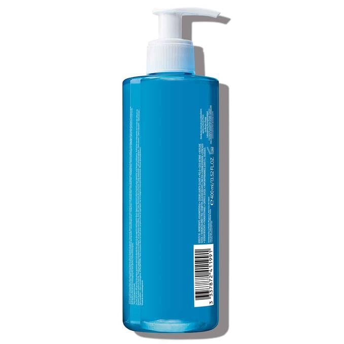 La Roche-Posay pump and label detail showing ingredients and dermatologist-backed benefit