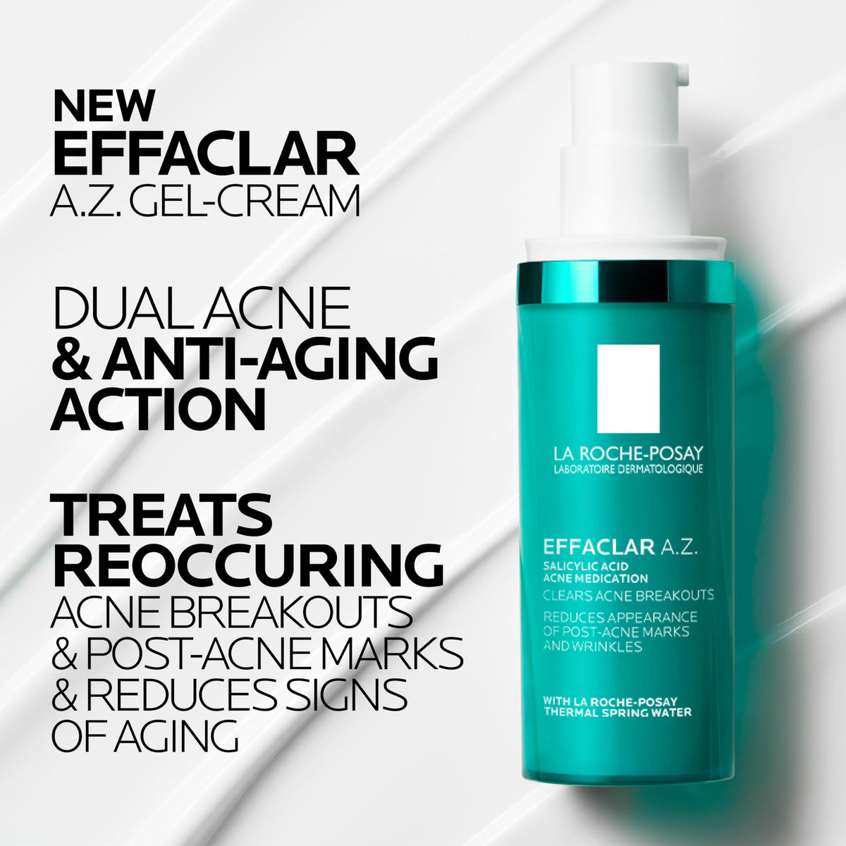 Close-up gel texture of La Roche-Posay Effaclar A.Z. showing lightweight absorbent consistency for fast hydration