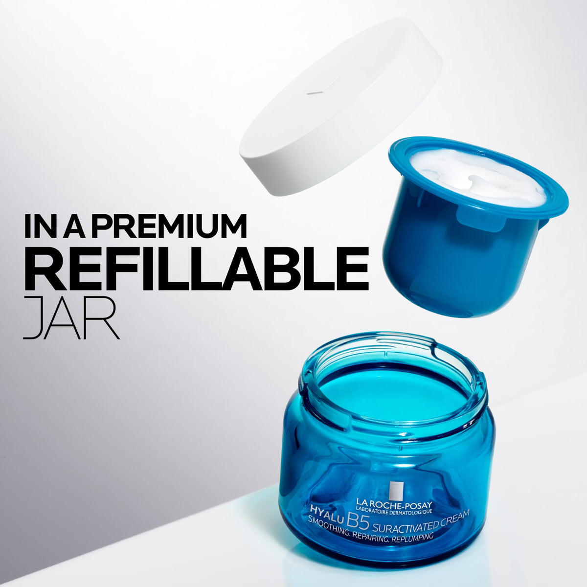 La Roche-Posay refill container shown separately to emphasize sustainable refill option