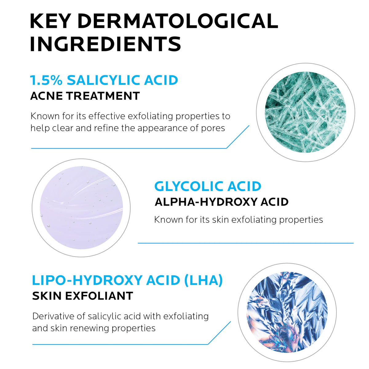 La Roche-Posay ingredient label with acids listed, clarifying active exfoliating benefits