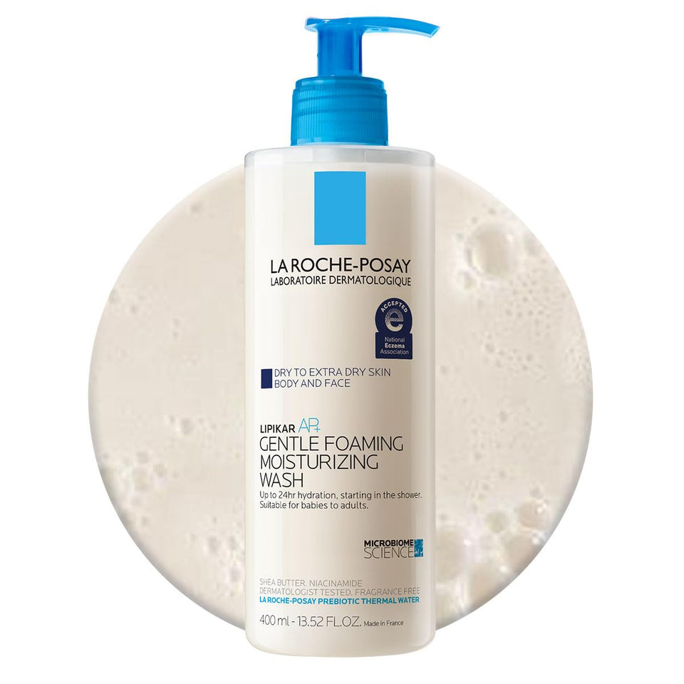 La Roche-Posay front bottle view showing pump and branding for easy dispensing