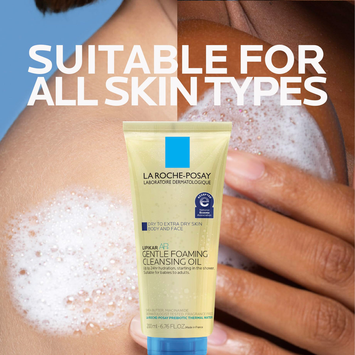 La Roche-Posay in adult shower illustrating soothing, non-drying cleanse