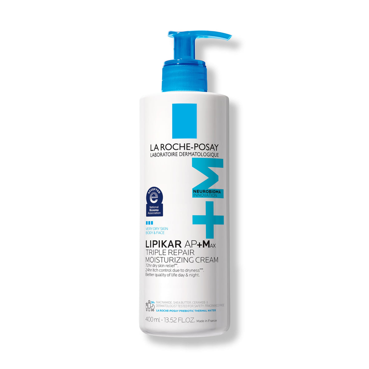 La Roche-Posay Lipikar AP+MAX front view showing 400 mL tube and clean packaging benefit