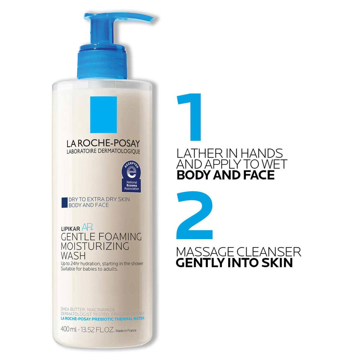 La Roche-Posay bottle with thermal water imagery emphasizing prebiotic soothing support