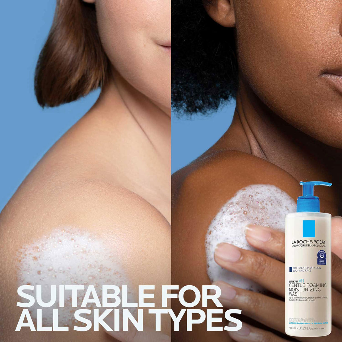 La Roche-Posay used in family shower scene showing safe gentle cleansing for all ages