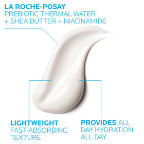 La Roche-Posay Lipikar texture close-up on fingertip, creamy non-greasy finish for fast absorption