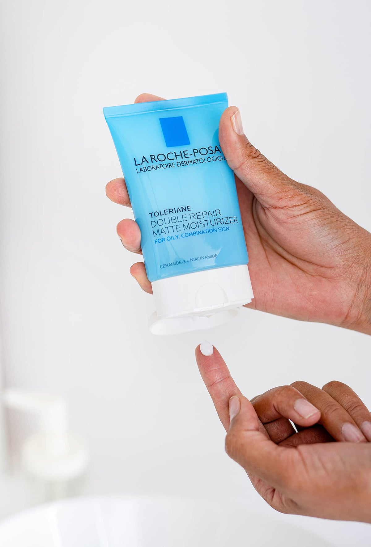 La Roche-Posay layered under makeup showing smooth, matte-ready base