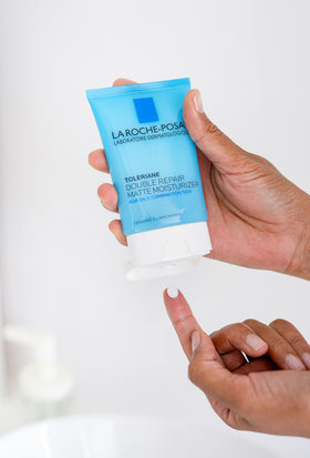 La Roche-Posay layered under makeup showing smooth, matte-ready base