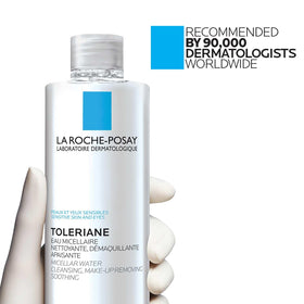 La Roche-Posay bottle on bathroom counter in morning routine setting, conveys everyday use