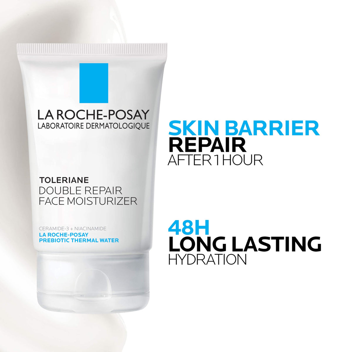 La Roche-Posay open jar with ingredient label highlighting key actives