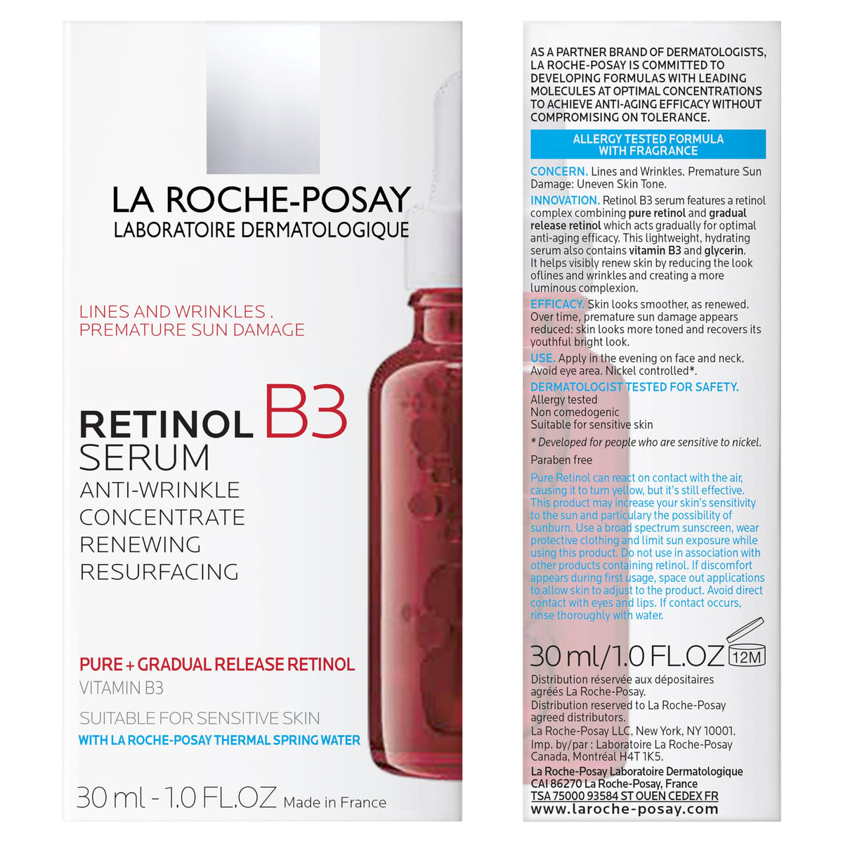 La Roche-Posay serum texture close-up on fingertip, showing lightweight hydrating consistency