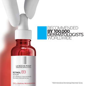 La Roche-Posay bottle held in hand for scale, illustrating compact 1.0 fl oz travel-friendly size