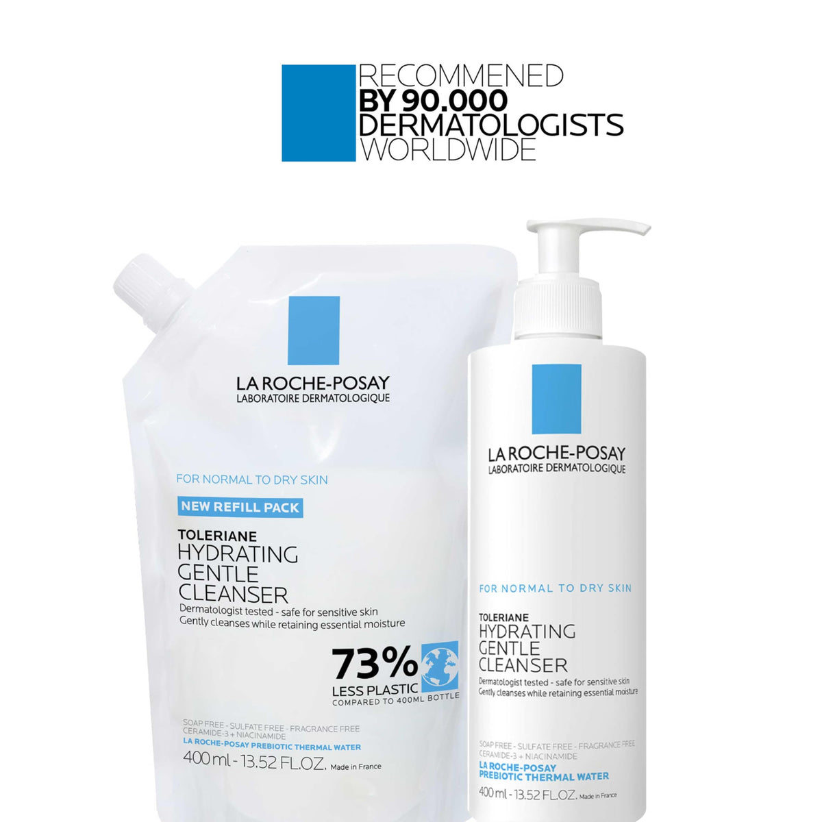 La Roche-Posay bottle beside thermal water bottle demonstrating soothing formula