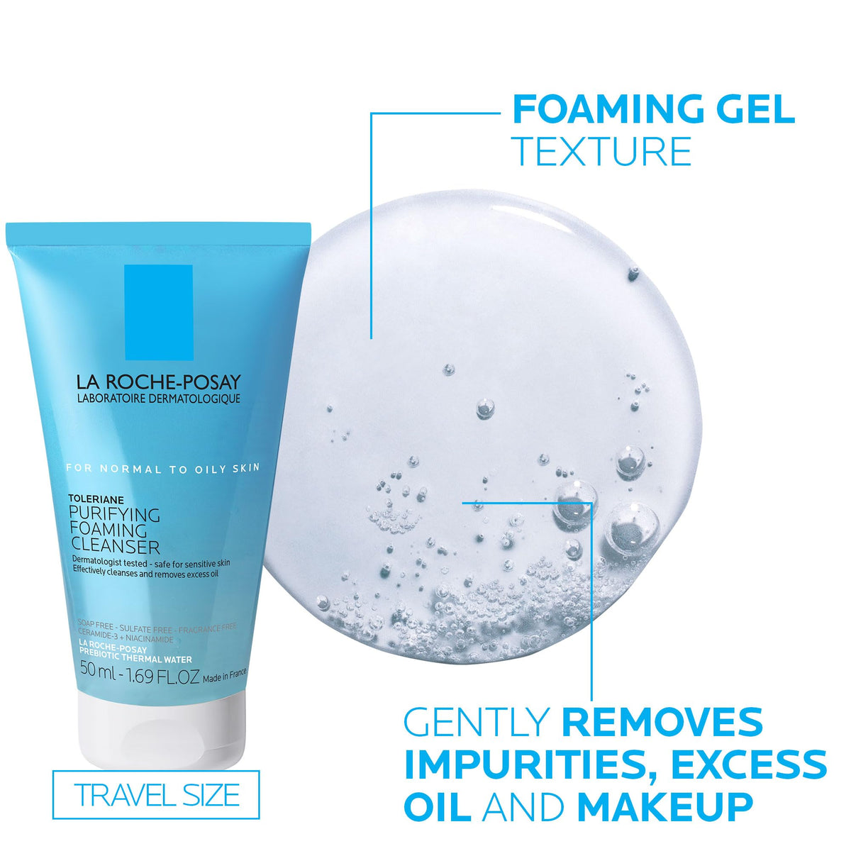 La Roche-Posay cleanser pouring into hand to show gel-to-foam action
