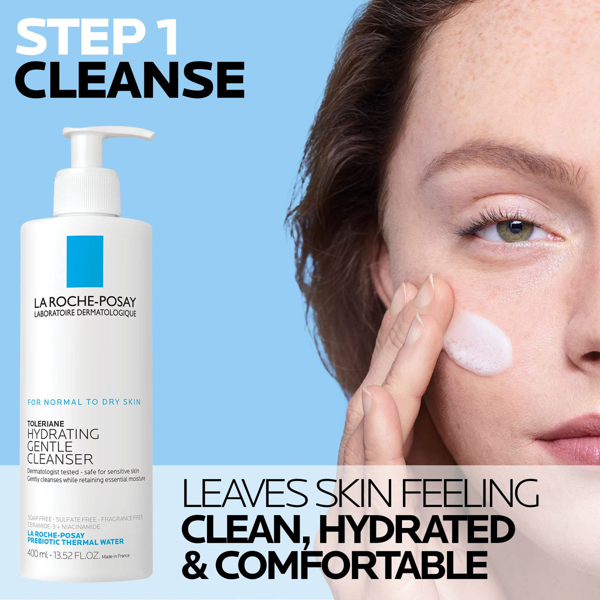 La Roche-Posay cleanser pump close-up highlighting gentle application and easy dispense