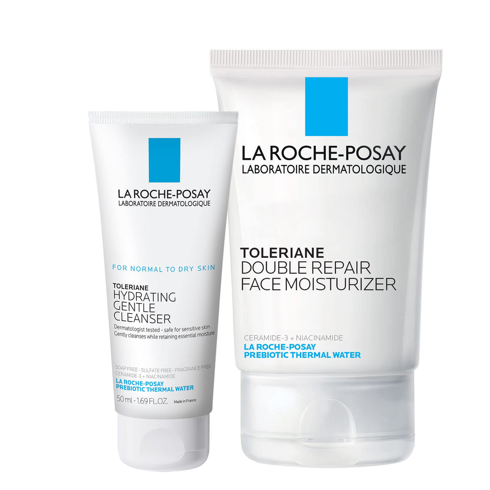 La Roche-Posay front packaging showing both travel-size products and benefits