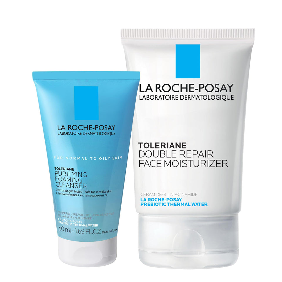 La Roche-Posay front packaging showing travel kit and benefits for balanced skin