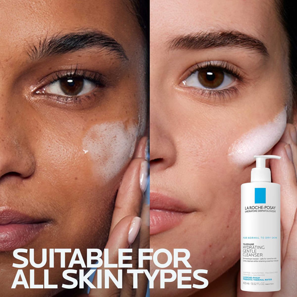 La Roche-Posay bottle in hand showing size and travel-friendly benefit