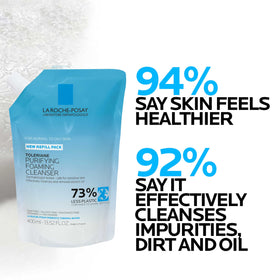La Roche-Posay refill pouch emphasizing reduced plastic waste benefit