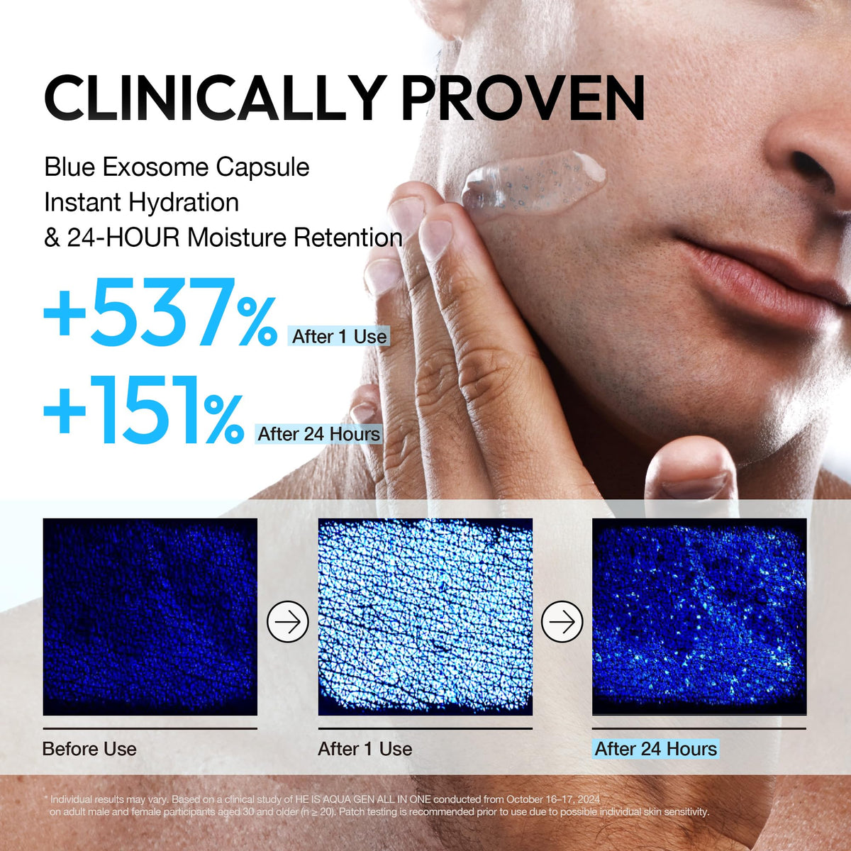 LAB BY He is_ man applying gel to face showing simple one-step routine benefit