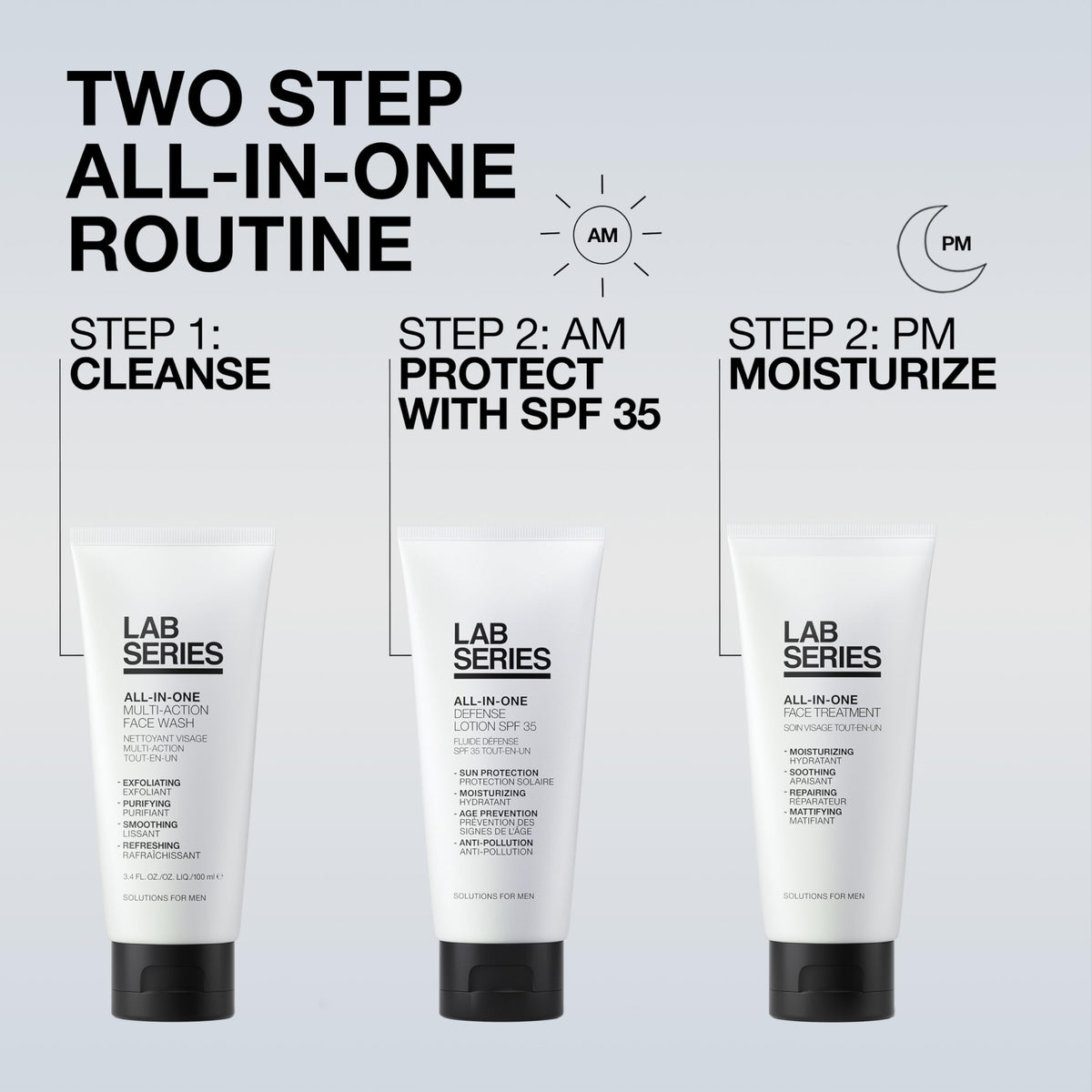 Lab Series next to a ruler showing 3.4 fl oz size and travel convenience