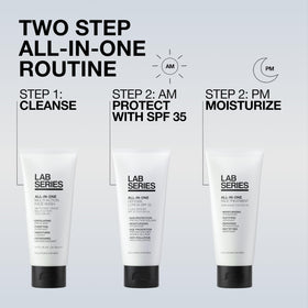 Lab Series next to a ruler showing 3.4 fl oz size and travel convenience