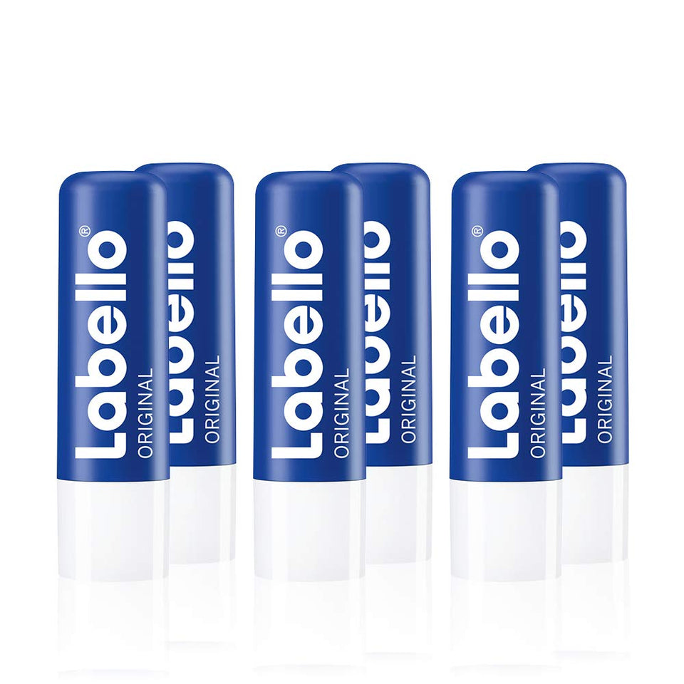 Labello front packaging showing six 4.8 g tubes and brand clarity for easy storage