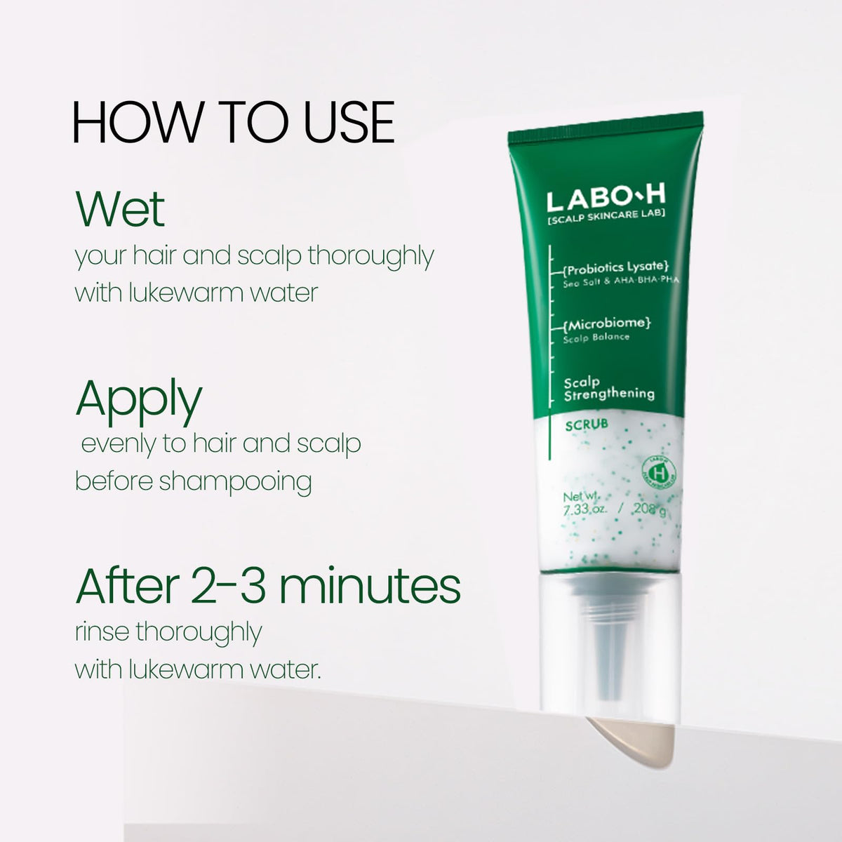 LABO-H applied to wet scalp in hand demonstrating easy pre-shampoo use