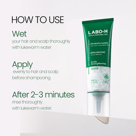 LABO-H applied to wet scalp in hand demonstrating easy pre-shampoo use