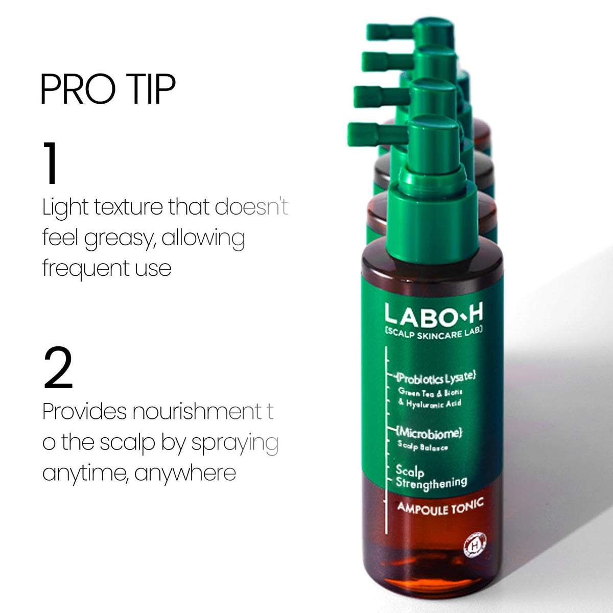 LABO-H in-use on scalp showing targeted spray for root strengthening