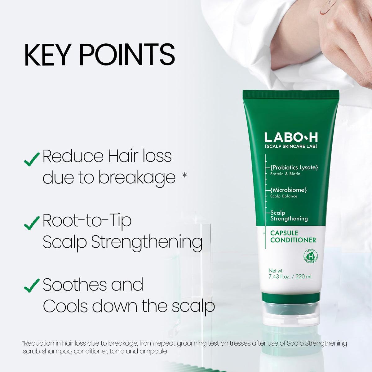 LABO-H open cap with visible vitamin C capsules, emphasizes targeted nourishment