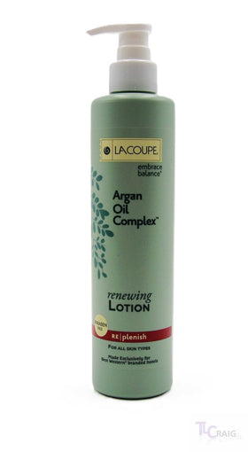 LACOUPE front packaging of argan oil renewing lotion shows product and benefits