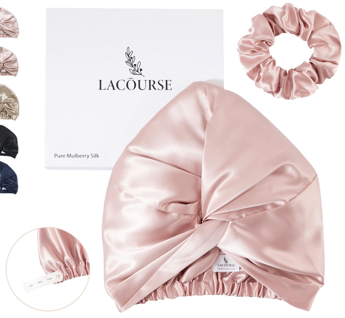LaCourse silk bonnet front view showing soft finish and secure fit