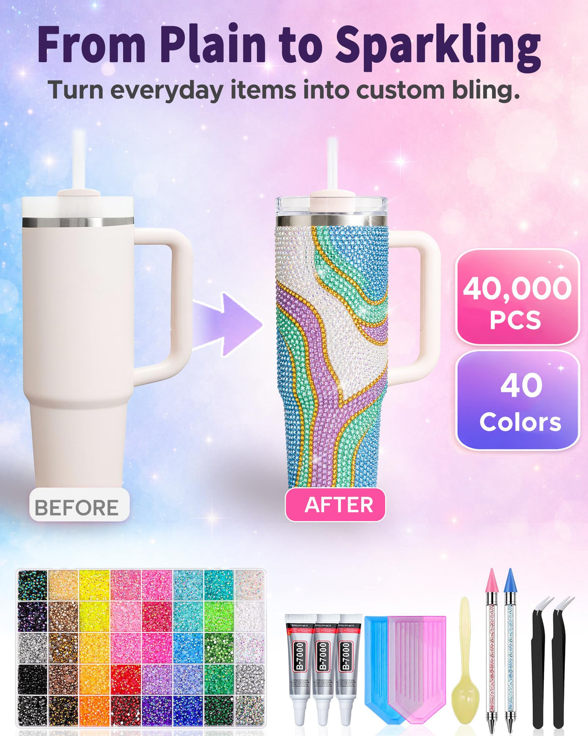 Lacuewa clear organizer box open with sorted rhinestone colors for easy access