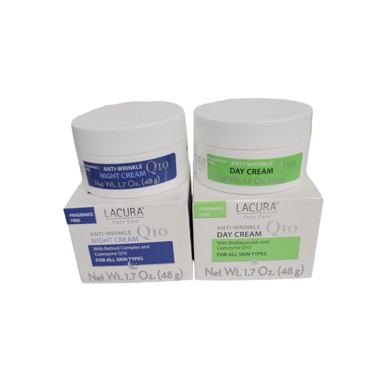 Lacura front packaging showing day and night 1.7oz jars with clear labels and benefits