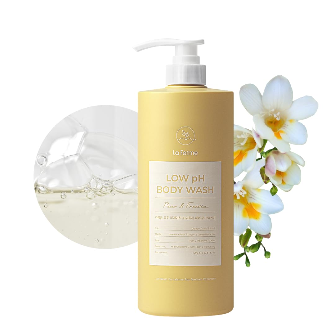 laferme front bottle showing pear and freesia scent for gentle cleansing benefit