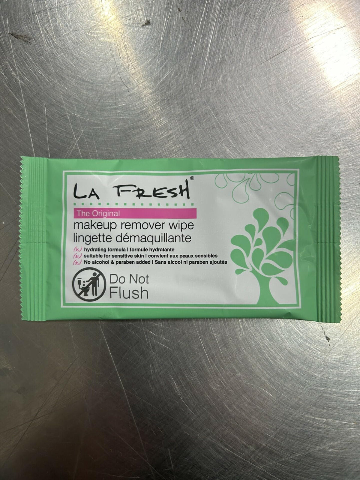 La Fresh individually sealed wipe packet highlighting hygienic portability