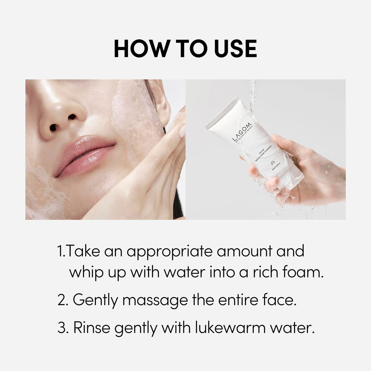 LAGOM model patting face after rinse showing smooth hydrated finish
