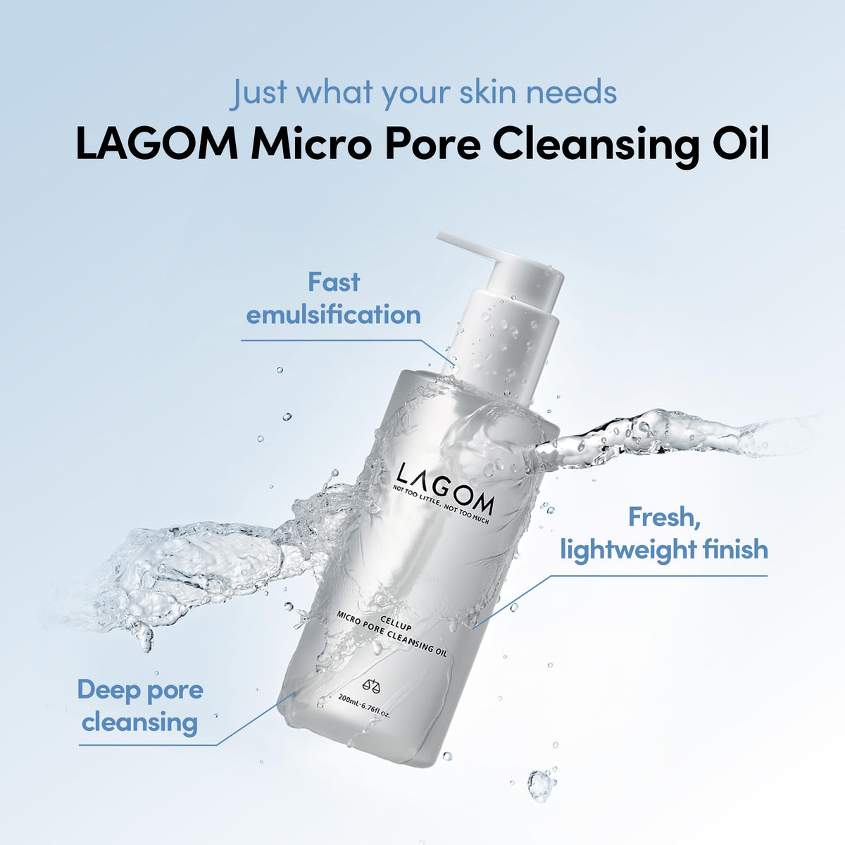 LAGOM cleansing oil pump and label close-up demonstrating easy dispensing