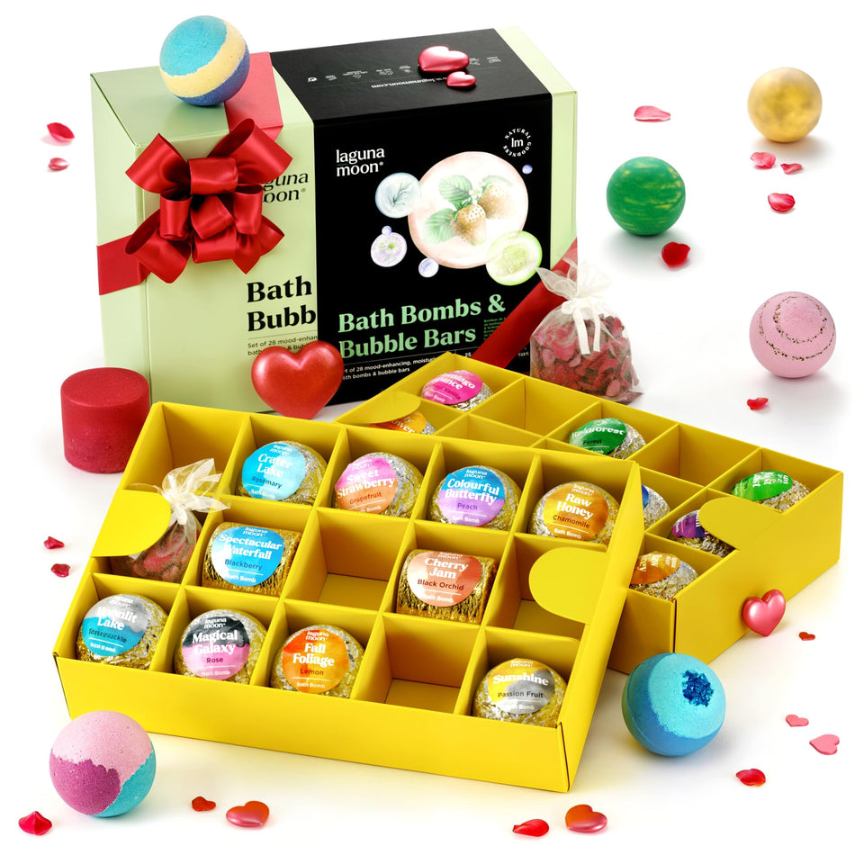 Lagunamoon front packaging showing gift-ready box and colorful bath bombs for gifting