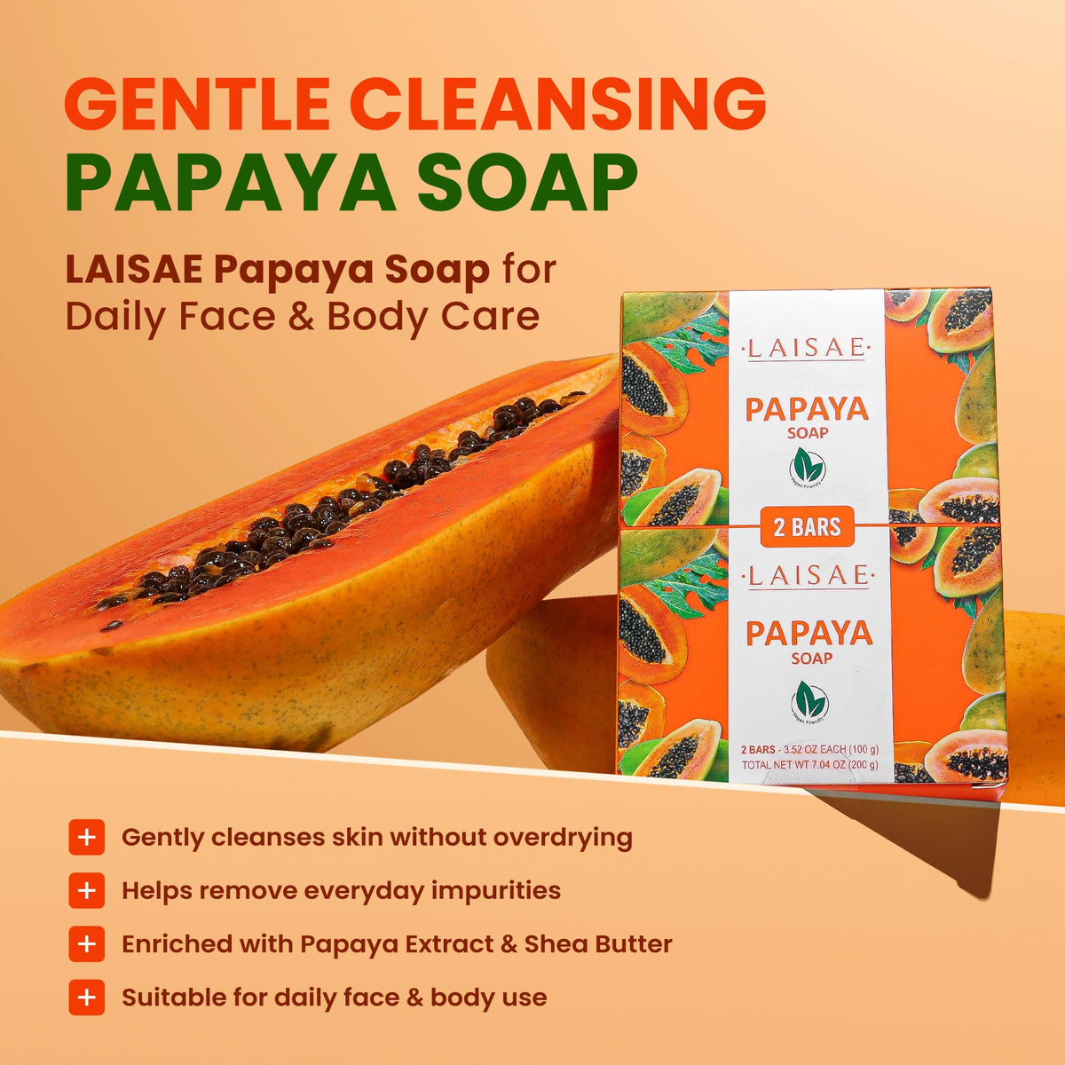 LAISAE papaya soap side profile highlighting compact travel-friendly size