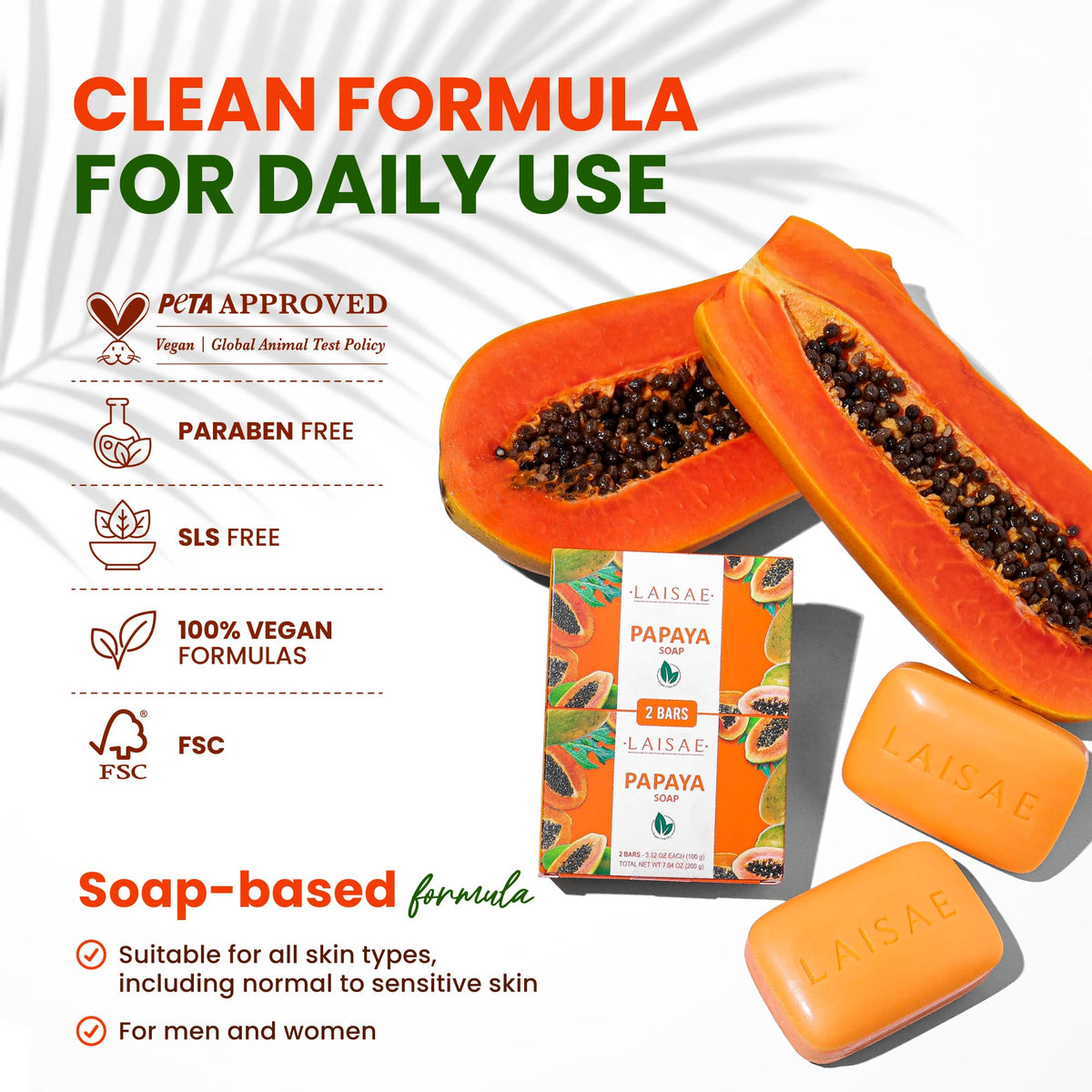 LAISAE papaya bar used on face illustrating gentle cleansing for sensitive skin