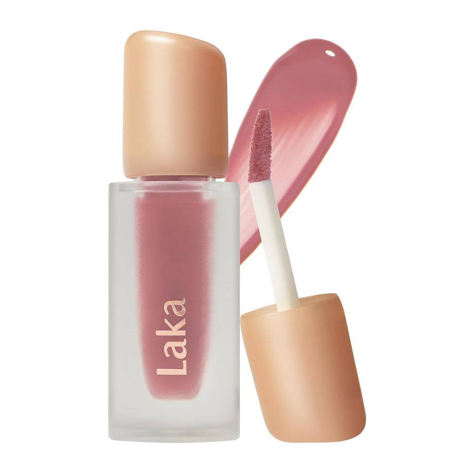 Laka Fruity Glam Tint front packaging showing shade #124 Maro and glossy finish benefit