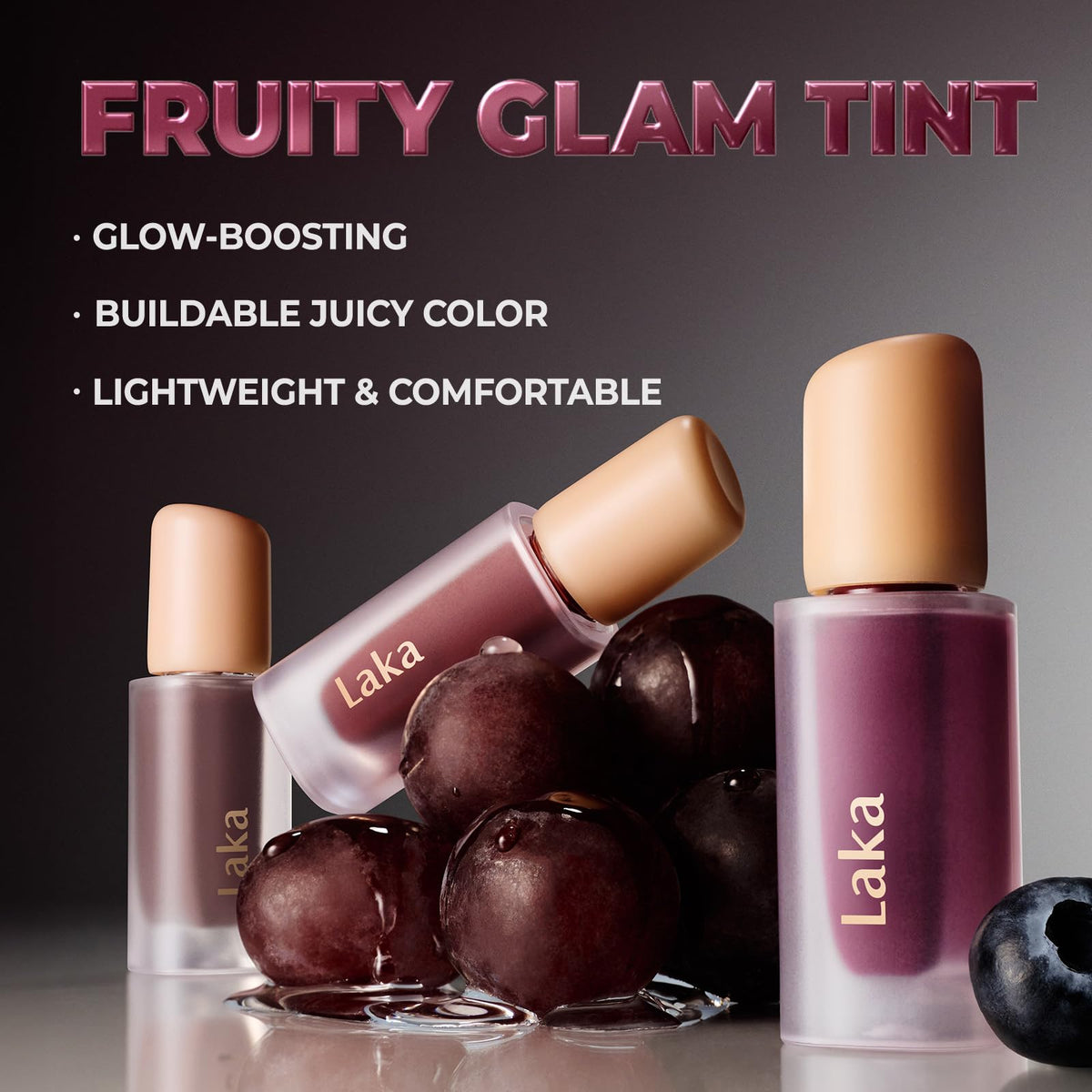 Laka Fruity Glam Tint close-up texture showing lightweight glassy gloss benefit