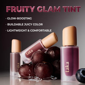 Laka Fruity Glam Tint close-up texture showing lightweight glassy gloss benefit